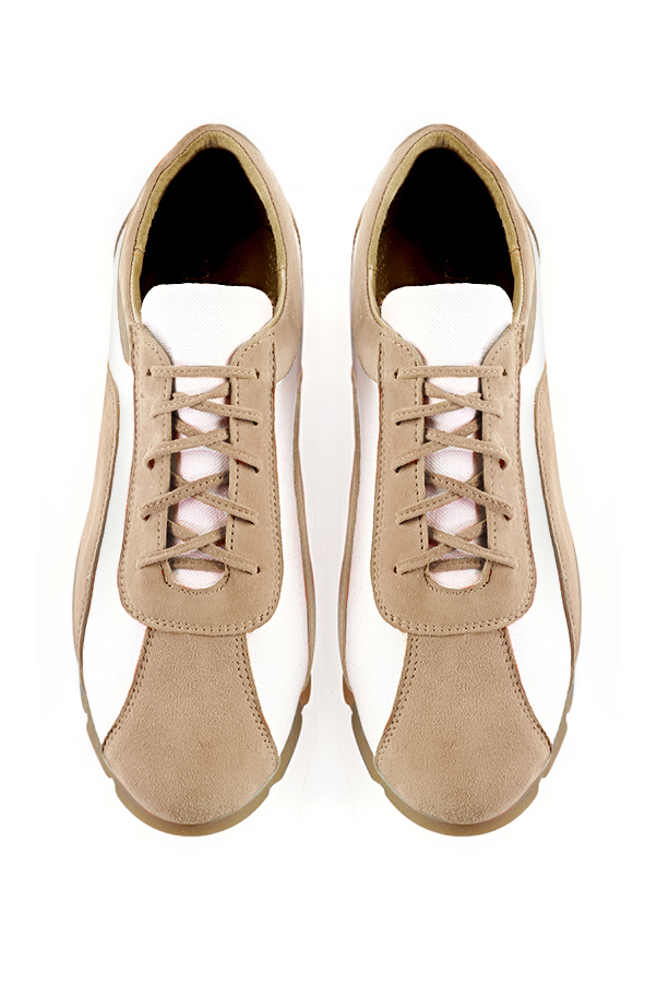 Tan beige and off white women's elegant sneakers. Round toe. Flat rubber soles. Top view - Florence KOOIJMAN